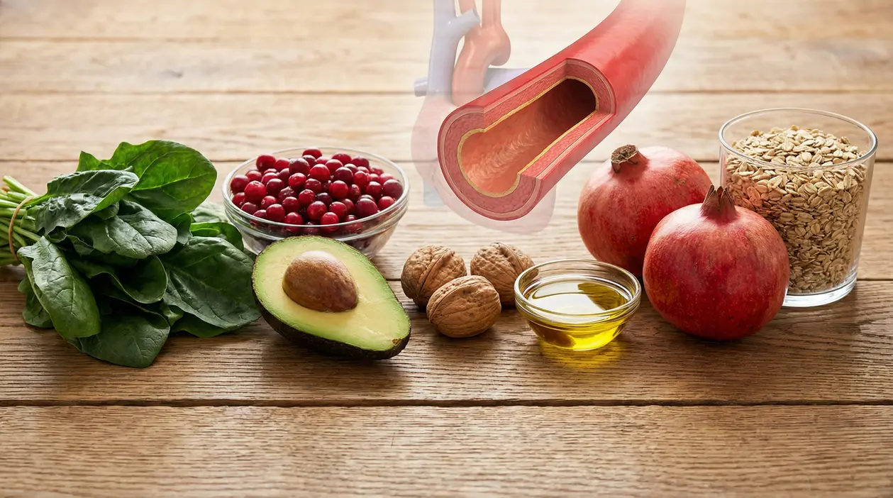 Cibi salutari su tavolo in legno con illustrazione di un’arteria: spinaci, avocado, frutti rossi, noci, olio e cereali