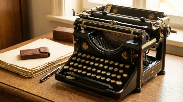 Macchina da scrivere antica in metallo su scrivania di legno con fogli di carta e penna vicino a una finestra