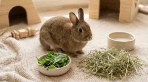 Coniglio nano su tappeto con fieno, ciotola di verdure fresche e acqua, in un ambiente domestico