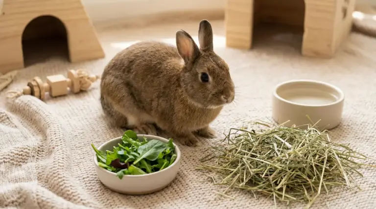 Coniglio nano su tappeto con fieno, ciotola di verdure fresche e acqua, in un ambiente domestico