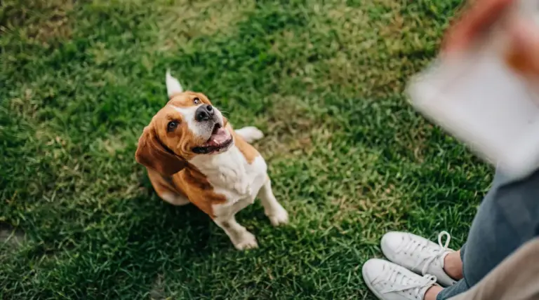 Cane seduto sull’erba guarda una persona durante una sessione di addestramento e comandi di base