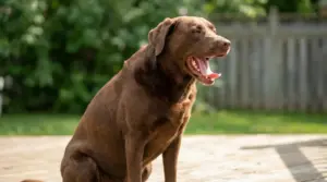 Cane marrone seduto in giardino con la bocca aperta mentre sbadiglia