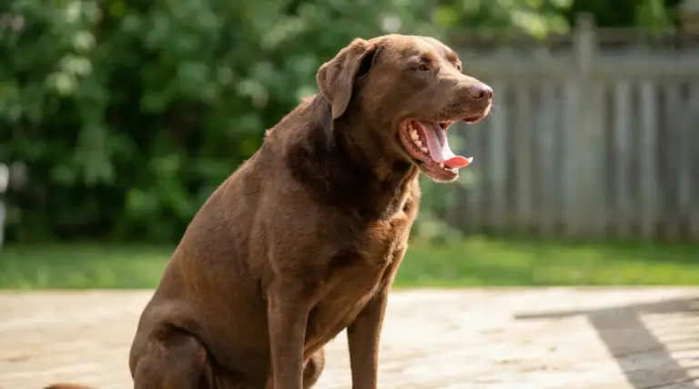 Cane marrone seduto in giardino con la bocca aperta mentre sbadiglia
