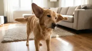 Cane che scuote la testa in casa, possibile fastidio alle orecchie
