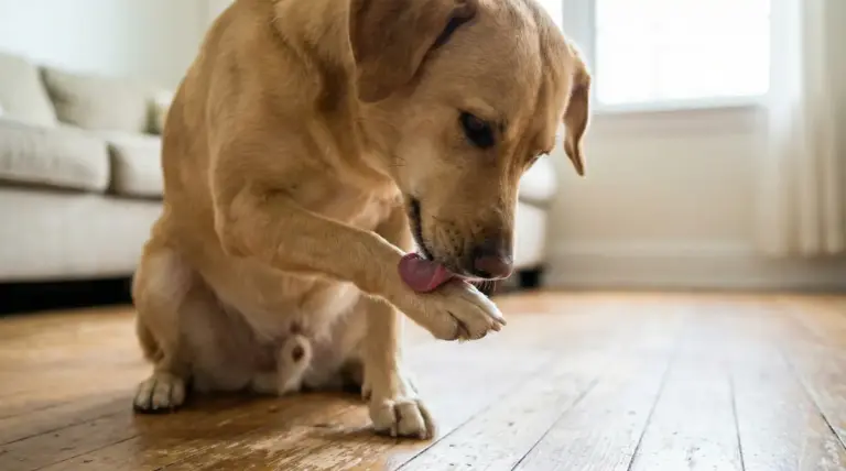 Cane che si lecca insistentemente una zampa in casa, possibile segnale di prurito o irritazione