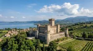 Castello medievale con torri merlate su una collina, con lago e vigneti sullo sfondo in una giornata di sole