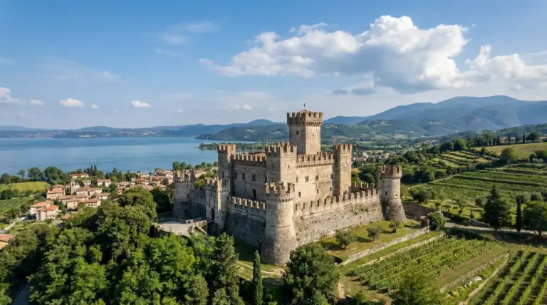 Castello medievale con torri merlate su una collina, con lago e vigneti sullo sfondo in una giornata di sole