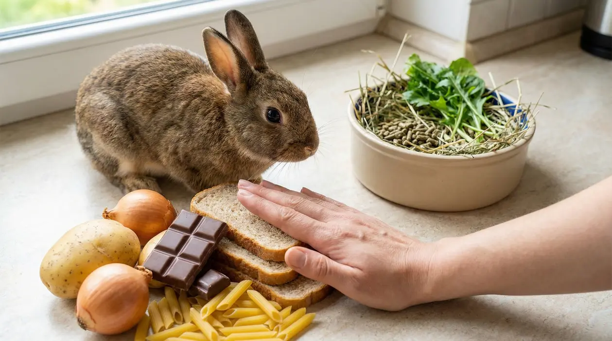 Coniglio vicino a pane, cioccolato e cipolle, con una mano che impedisce di offrirgli questi cibi