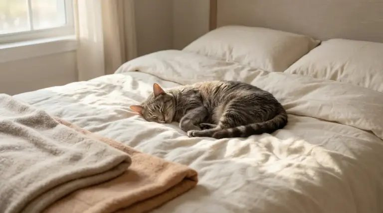 Gatto tigrato che dorme sul letto in una stanza luminosa, in un ambiente tranquillo e confortevole