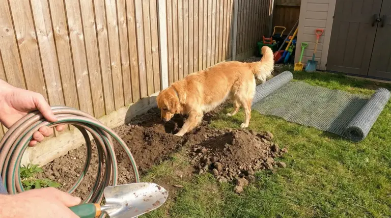 Cane che scava una buca vicino alla recinzione in giardino, con terra smossa e attrezzi da giardinaggio sullo sfondo