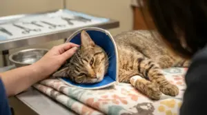 Gatto con collare elisabettiano sdraiato sul lettino veterinario, accarezzato dopo la sterilizzazione