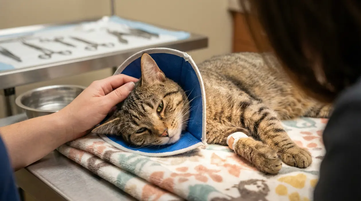 Gatto con collare elisabettiano sdraiato sul lettino veterinario, accarezzato dopo la sterilizzazione