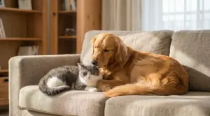 Gatto e cane sdraiati insieme sul divano, tranquilli e vicini, in un soggiorno luminoso