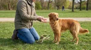 Persona inginnochiate che offre un premio a un cane al parco durante una sessione di addestramento