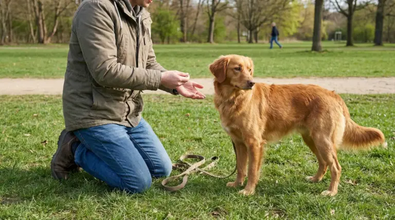 Persona inginnochiate che offre un premio a un cane al parco durante una sessione di addestramento