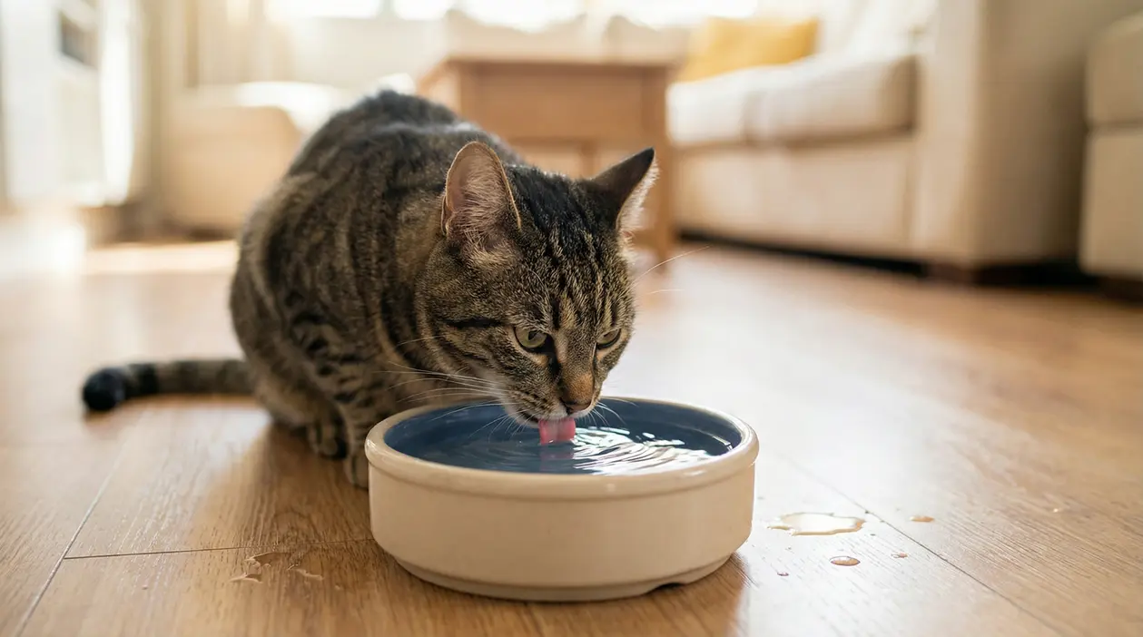 Gatto soriano che beve acqua da una ciotola in casa, utile per parlare di sete eccessiva nel gatto