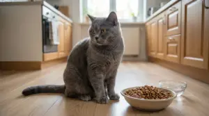 Gatto grigio seduto in cucina accanto a ciotola di crocchette e acqua, senza mangiare