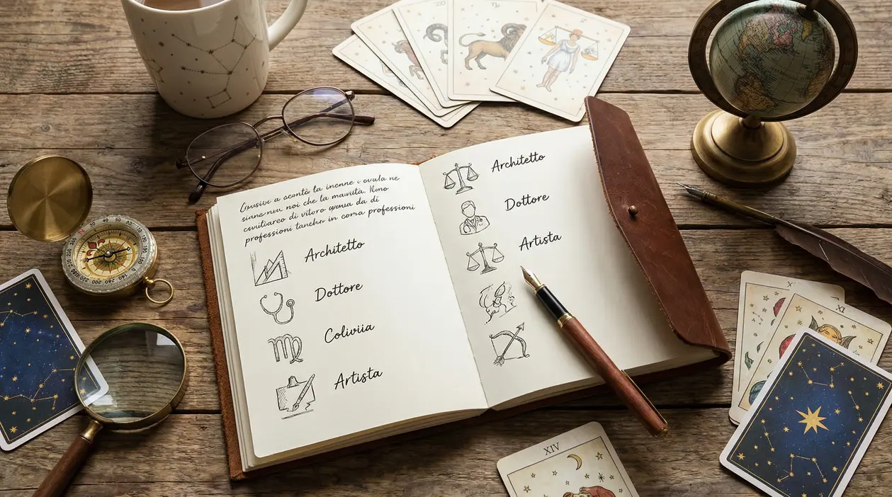 Taccuino aperto con appunti di carriera e simboli astrologici, circondato da carte, bussola e mappamondo su tavolo