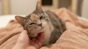 Gatto sdraiato su una coperta mentre una mano lo accarezza sotto il mento, con occhi socchiusi e aria rilassata
