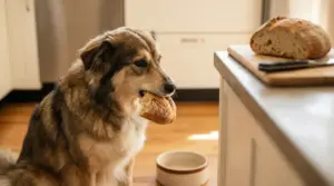 Cane in cucina con un pezzo di pane in bocca vicino a una pagnotta sul tagliere