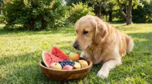 Cane golden retriever annusa una ciotola di frutta con anguria, mele, banane e mirtilli in giardino