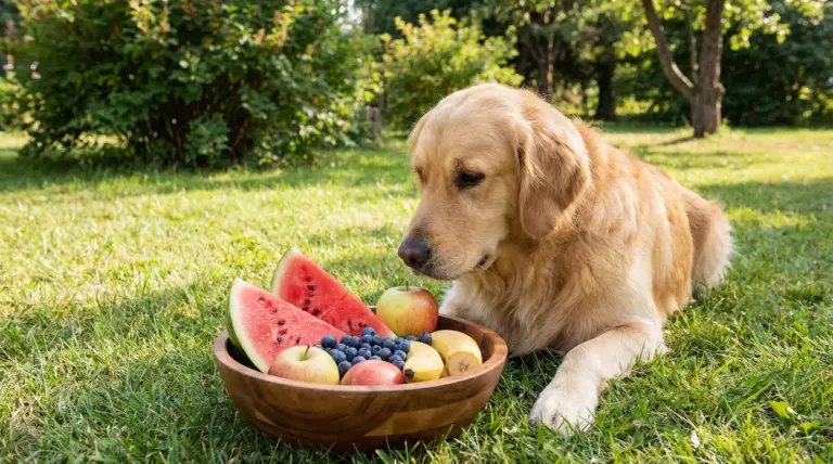 Cane golden retriever annusa una ciotola di frutta con anguria, mele, banane e mirtilli in giardino