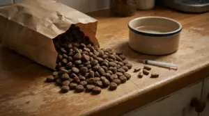 Crocchette per animali rovesciate da un sacchetto su un tavolo, con ciotola e farmaci accanto