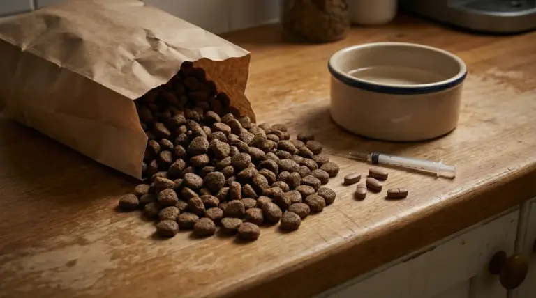 Crocchette per animali rovesciate da un sacchetto su un tavolo, con ciotola e farmaci accanto