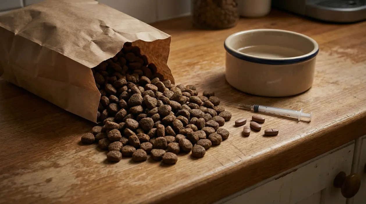 Crocchette per animali rovesciate da un sacchetto su un tavolo, con ciotola e farmaci accanto