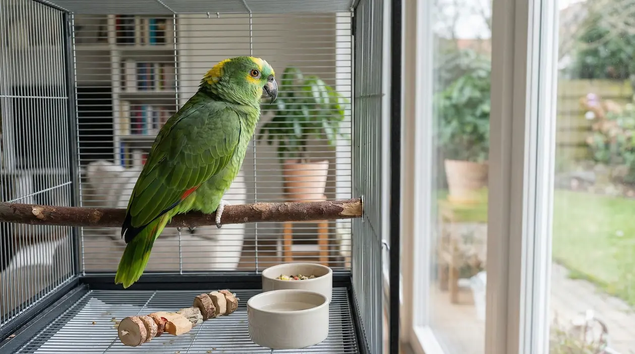 Pappagallo verde posato su un trespolo in gabbia accanto a ciotole di acqua e cibo, in un ambiente domestico