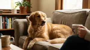 Cane tipo golden retriever sul divano con la lingua leggermente fuori, guarda una persona che tiene una tazza