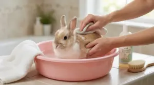 Coniglio in una bacinella mentre una persona lo tampona con un asciugamano durante una pulizia delicata
