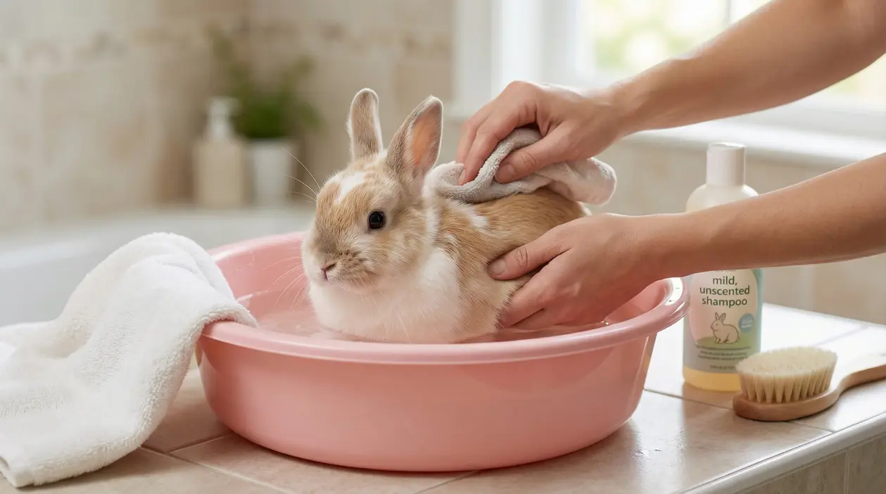 Coniglio in una bacinella mentre una persona lo tampona con un asciugamano durante una pulizia delicata