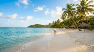 Spiaggia tropicale con palme, ombrelloni di paglia e mare turchese in una baia tranquilla