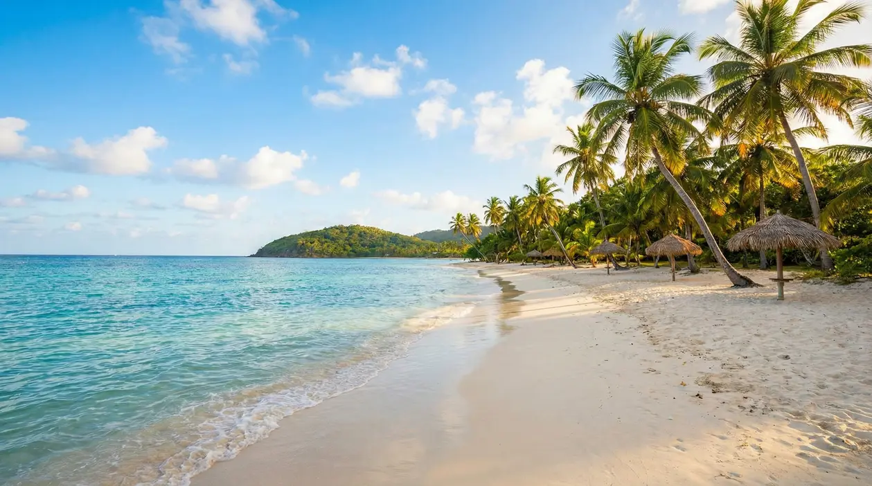 Spiaggia tropicale con palme, ombrelloni di paglia e mare turchese in una baia tranquilla