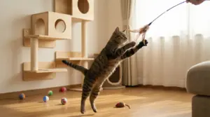 Gatto domestico che gioca con una bacchetta con piume in salotto, vicino a mensole tiragraffi e giochi a terra