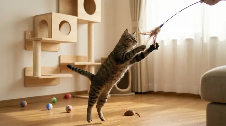 Gatto domestico che gioca con una bacchetta con piume in salotto, vicino a mensole tiragraffi e giochi a terra