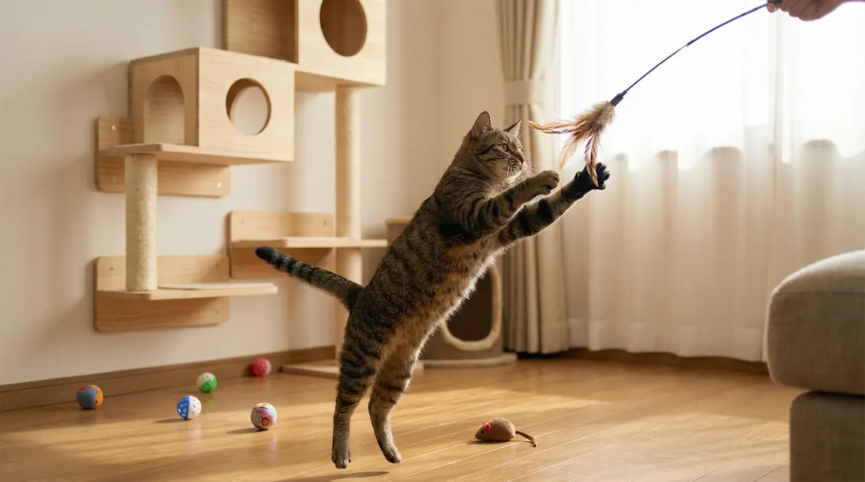 Gatto domestico che gioca con una bacchetta con piume in salotto, vicino a mensole tiragraffi e giochi a terra