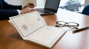 Documento ufficiale italiano aperto su una scrivania con laptop, occhiali e penna in un ufficio