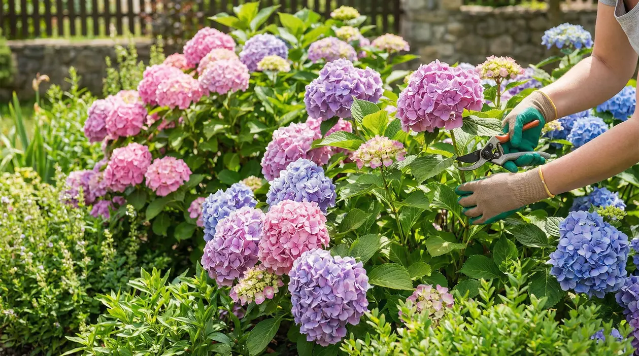 Potatura delle ortensie in giardino con cesoie, tra fiori rosa, viola e blu in piena fioritura