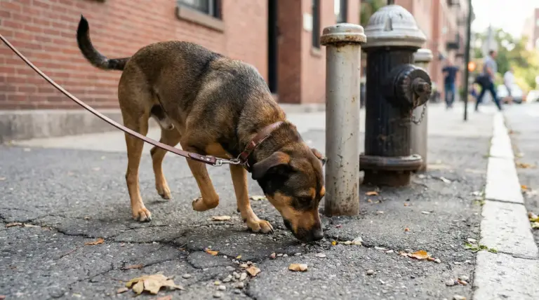 Cane al guinzaglio che annusa il marciapiede in città vicino a un idrante e a un paletto