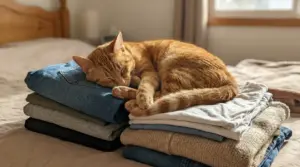 Gatto arancione che dorme sopra una pila di vestiti piegati sul letto in una camera da letto luminosa