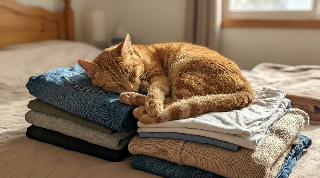 Gatto arancione che dorme sopra una pila di vestiti piegati sul letto in una camera da letto luminosa