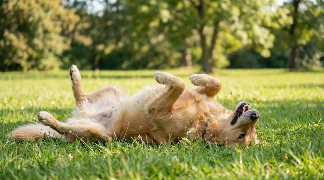 Cane sdraiato a pancia in su che si rotola sull’erba in un parco soleggiato