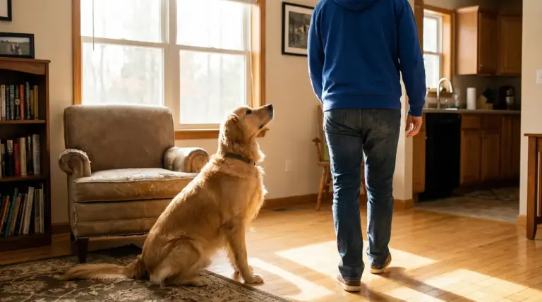 Cane seduto in salotto guarda una persona che si allontana, come se la seguisse in casa
