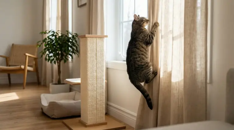 Gatto tigrato che si arrampica su una tenda vicino alla finestra in salotto