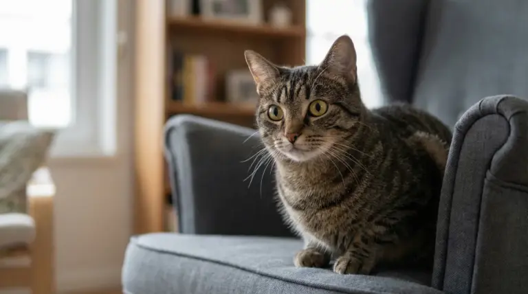 Gatto tigrato seduto su una poltrona, fermo e con lo sguardo fisso verso l’osservatore in salotto