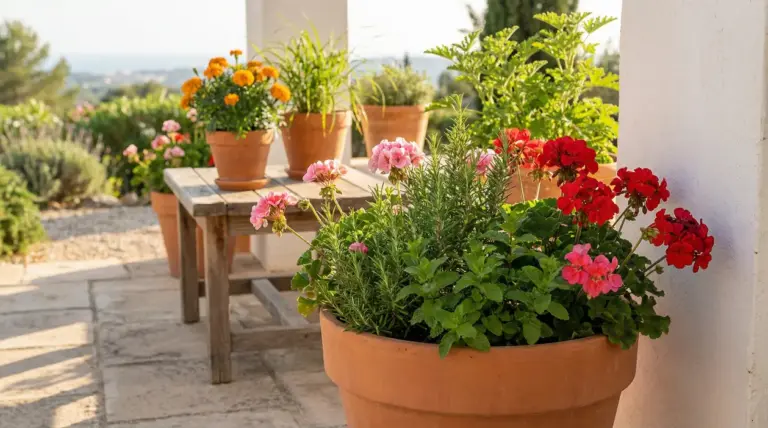 Vasi in terracotta con piante aromatiche e gerani fioriti su una terrazza soleggiata