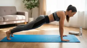 Persona in posizione plank su tappetino da yoga in casa, esercizio per addominali e core