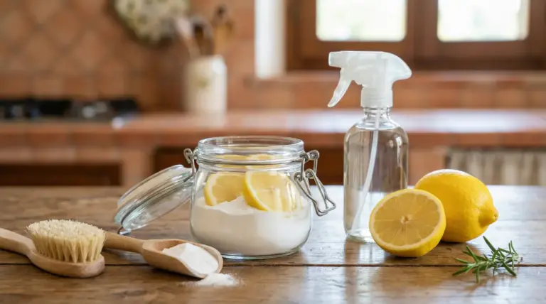 Barattolo con bicarbonato e fette di limone, spray e limoni su tavolo in cucina per profumare la casa